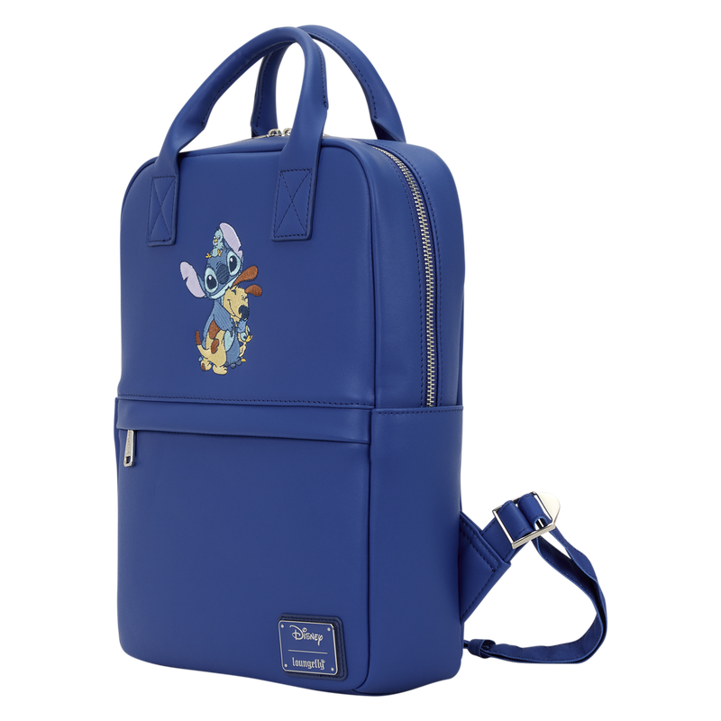 Blue backpack with cartoon character design on a white background