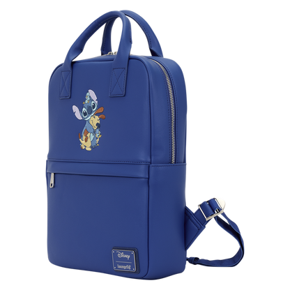 Blue backpack with cartoon character design on a white background