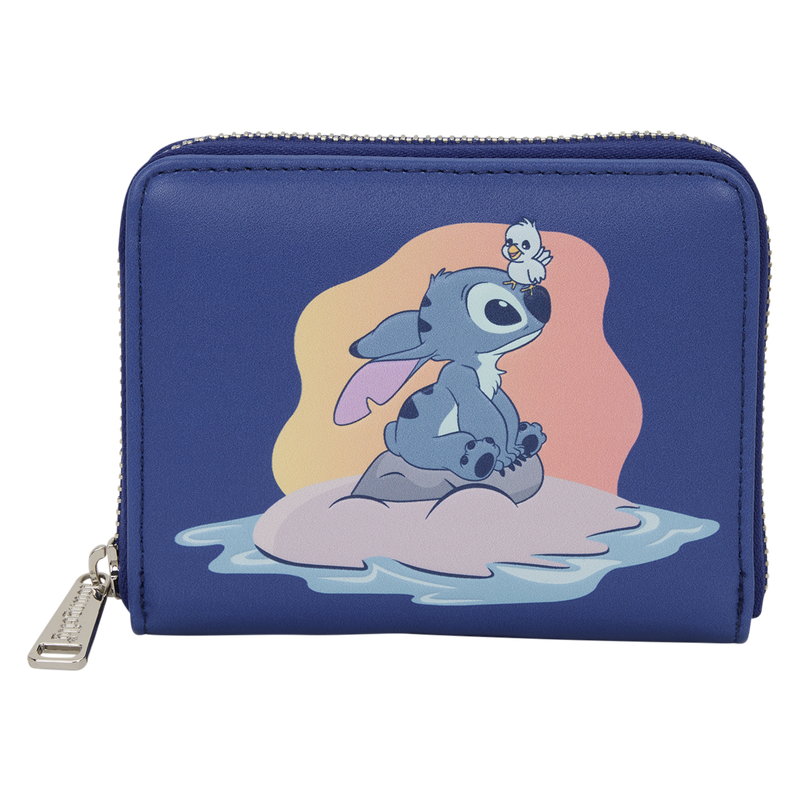 Blue wallet with cartoon character design on a white background