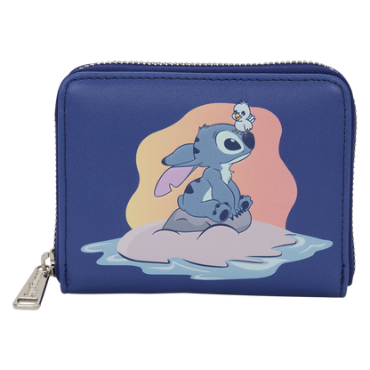 Blue wallet with cartoon character design on a white background