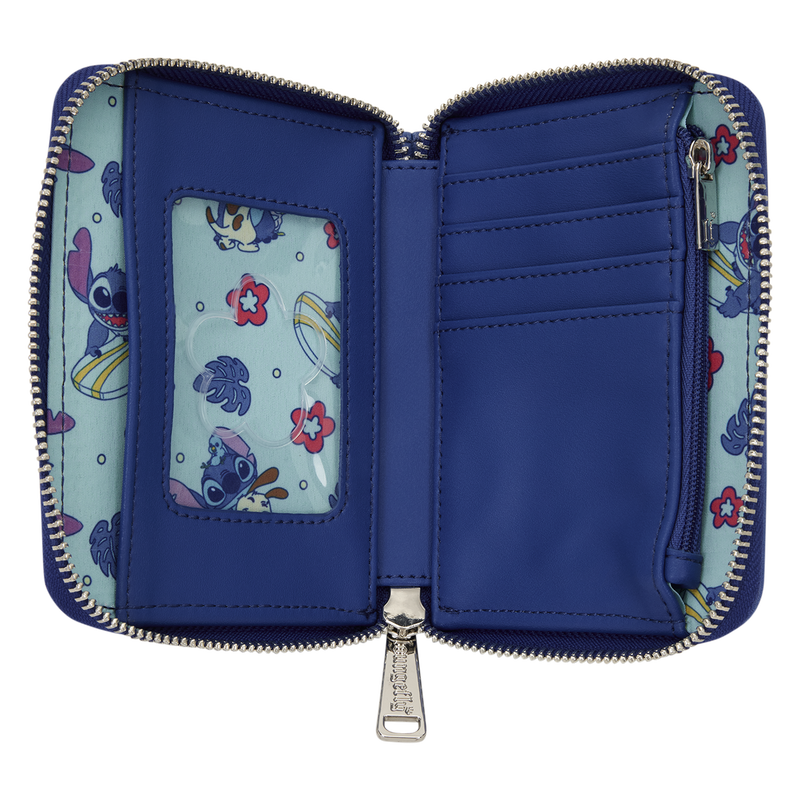 Blue wallet with cartoon character design on a white background