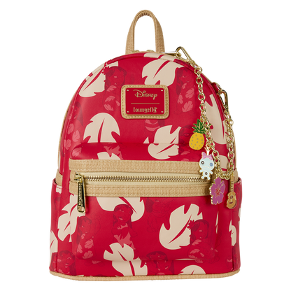 Red backpack with floral pattern and charm on a white background