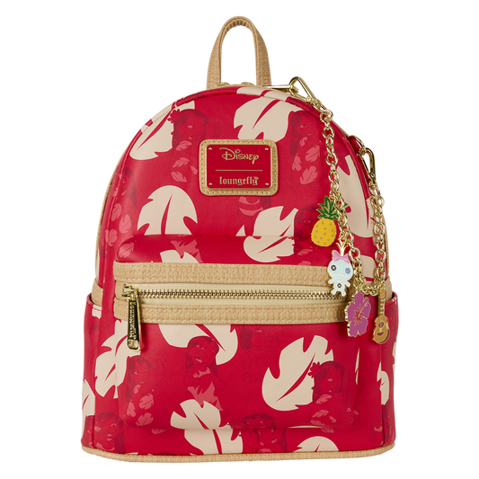 Red backpack with floral pattern and charm on a white background