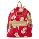 Red backpack with floral pattern and charm on a white background