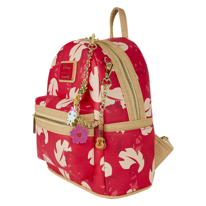 Red floral-patterned backpack with gold accents and a keychain on a white background