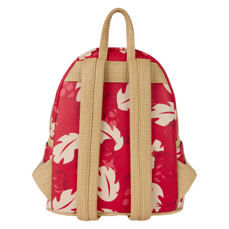 Backpack with red floral pattern and beige straps on a white background