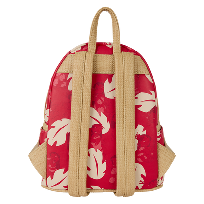 Backpack with red floral pattern and beige straps on a white background