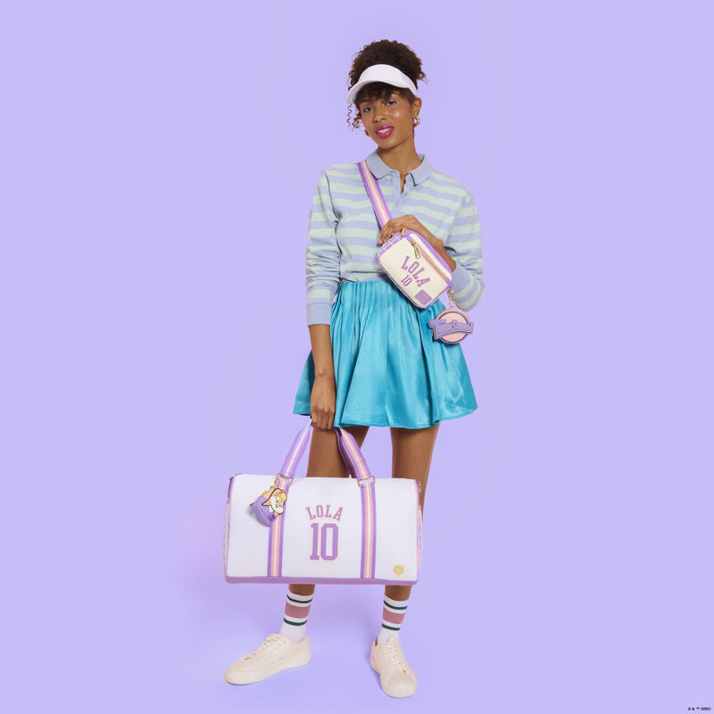 Woman holding a white bag with pink accents and a pink water bottle against a purple background