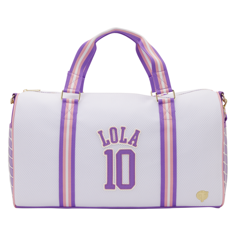 White duffel bag with purple accents and 'LOLA 10' text on a white background