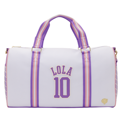 White duffel bag with purple accents and 'LOLA 10' text on a white background