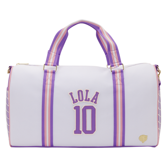 White duffel bag with purple accents and 'LOLA 10' text on a white background