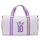 White duffel bag with purple accents and 'LOLA 10' text on a white background
