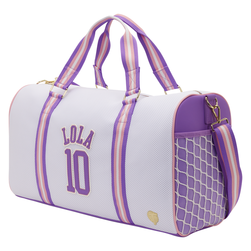 White duffel bag with purple accents and 'Lola 10' text on a white background