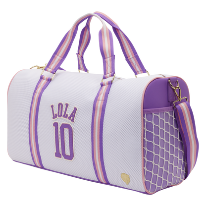 White duffel bag with purple accents and 'Lola 10' text on a white background