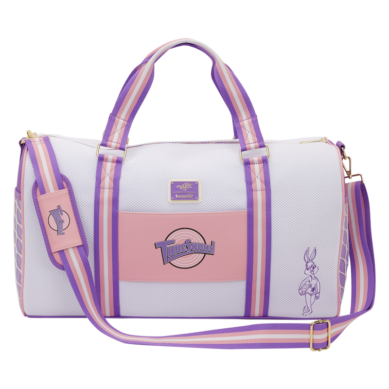 White duffel bag with purple and pink accents featuring a logo on a white background