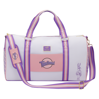 White duffel bag with purple and pink accents featuring a logo on a white background