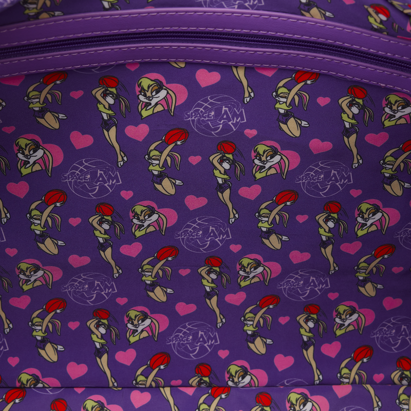 Purple fabric with cartoon character pattern and hearts