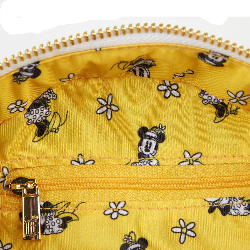 Yellow pouch with cartoon character pattern and gold zipper
