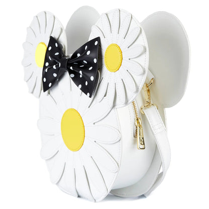 White bag designed like a daisy with a black and white polka dot bow on a white background