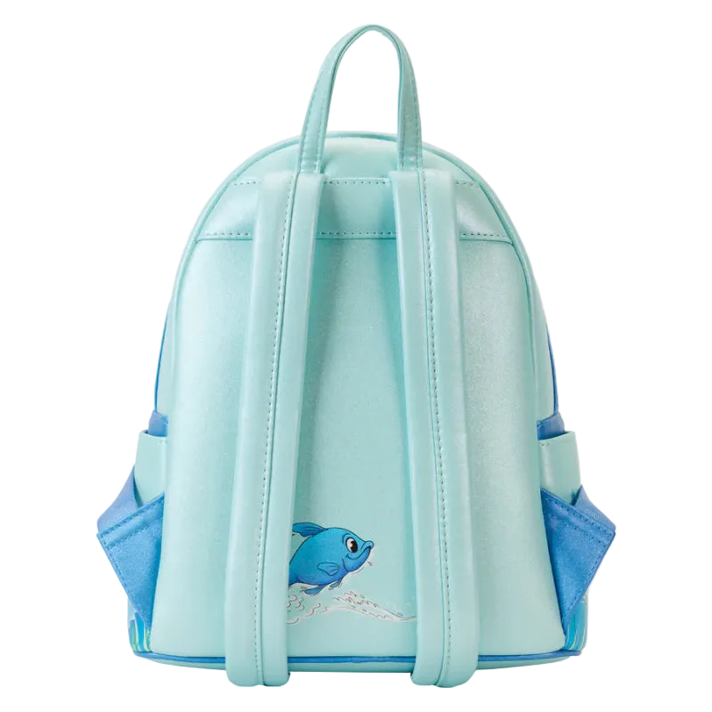 Light blue backpack with a small fish design on a white background