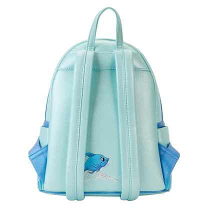 Light blue backpack with a small fish design on a white background