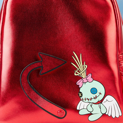 Red bag with a cartoon character and an arrow on a red background