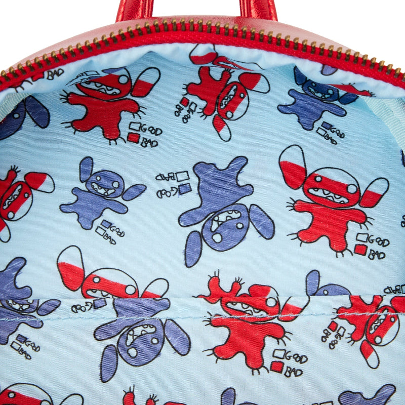 Backpack with red and blue cartoon character pattern on a light blue background