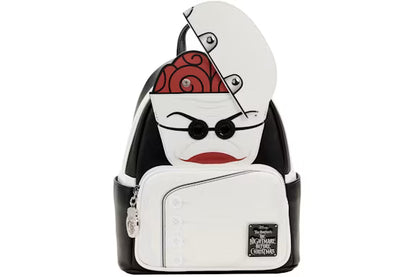 A Lounge Club 'The Nightmare Before Christmas' character mini backpack featuring a stylized depiction of Sally the Santa Claus with a white and black body, red hair, and black sunglasses, shown on a plain white background.