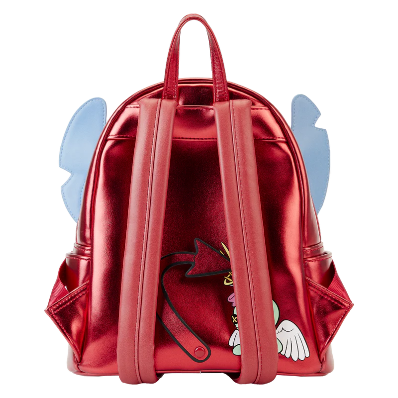 Red backpack with cartoon character design on a white background