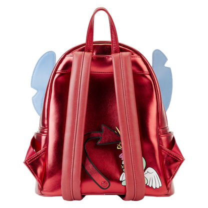 Red backpack with cartoon character design on a white background