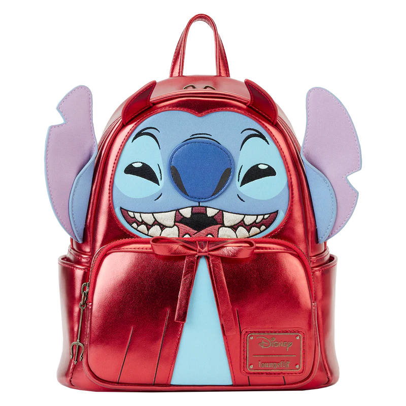 Red metallic backpack with a cartoon character face on a white background