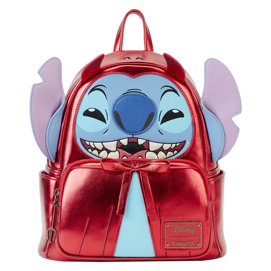 Red metallic backpack with a cartoon character face on a white background