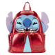 Red metallic backpack with a cartoon character face on a white background