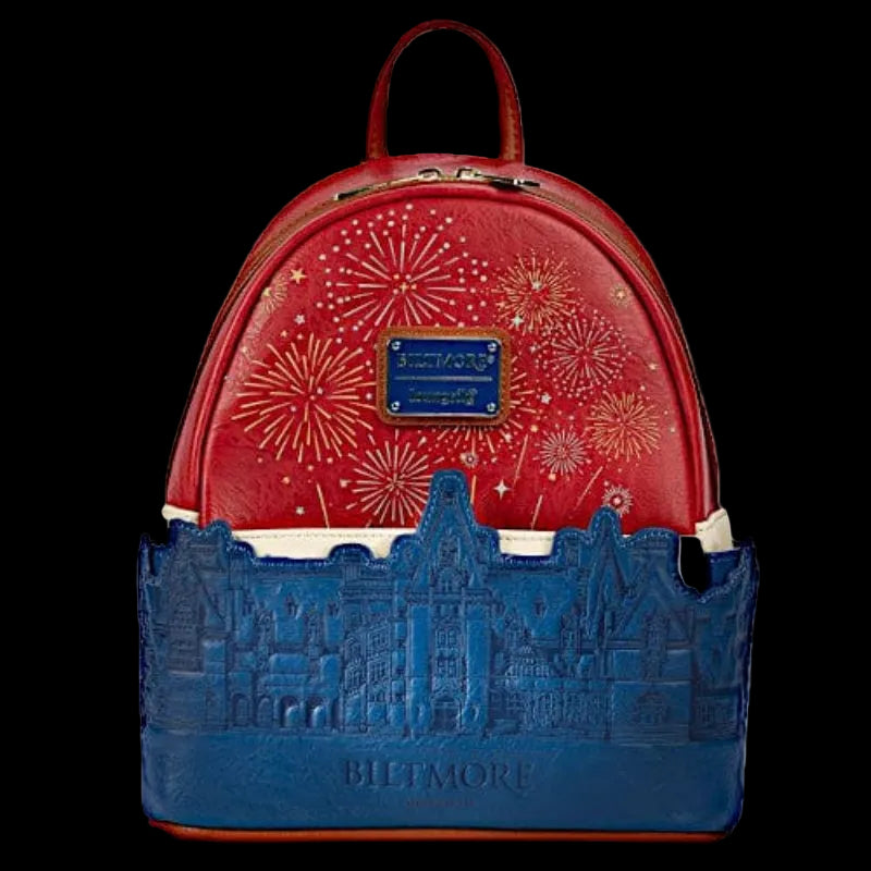 Red and blue backpack with firework design and 'Biltmore' branding on a white background