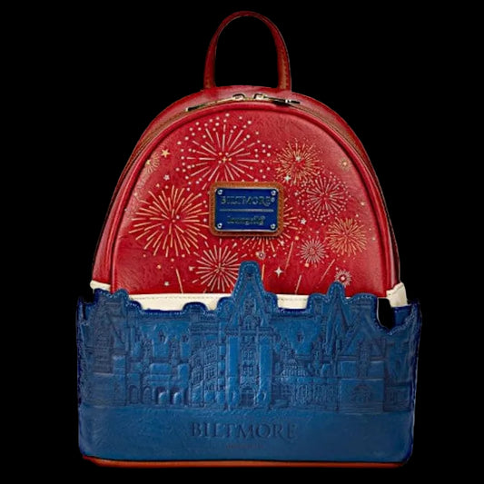 Red and blue backpack with firework design and 'Biltmore' branding on a white background