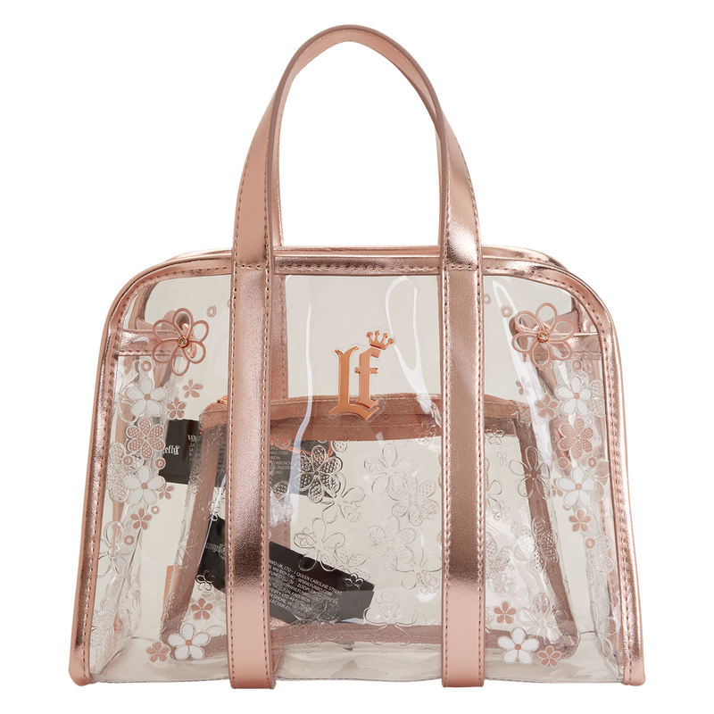 Clear handbag with rose gold accents and floral design on a white background
