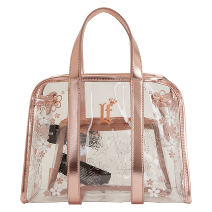 Clear handbag with rose gold accents and floral design on a white background