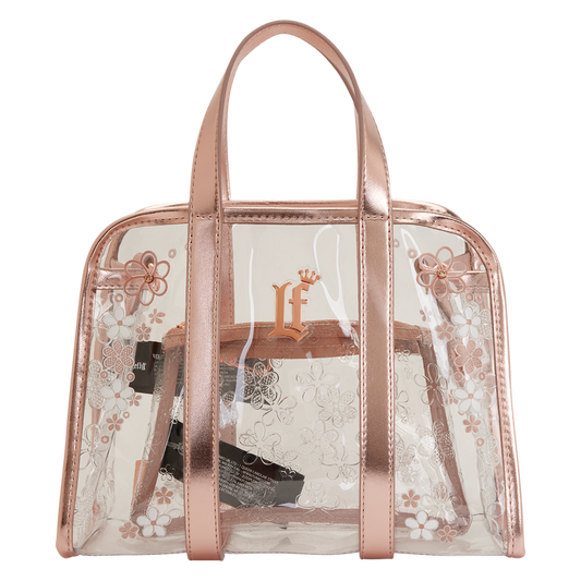 Clear handbag with rose gold accents and floral design on a white background