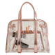 Clear handbag with rose gold accents and floral design on a white background