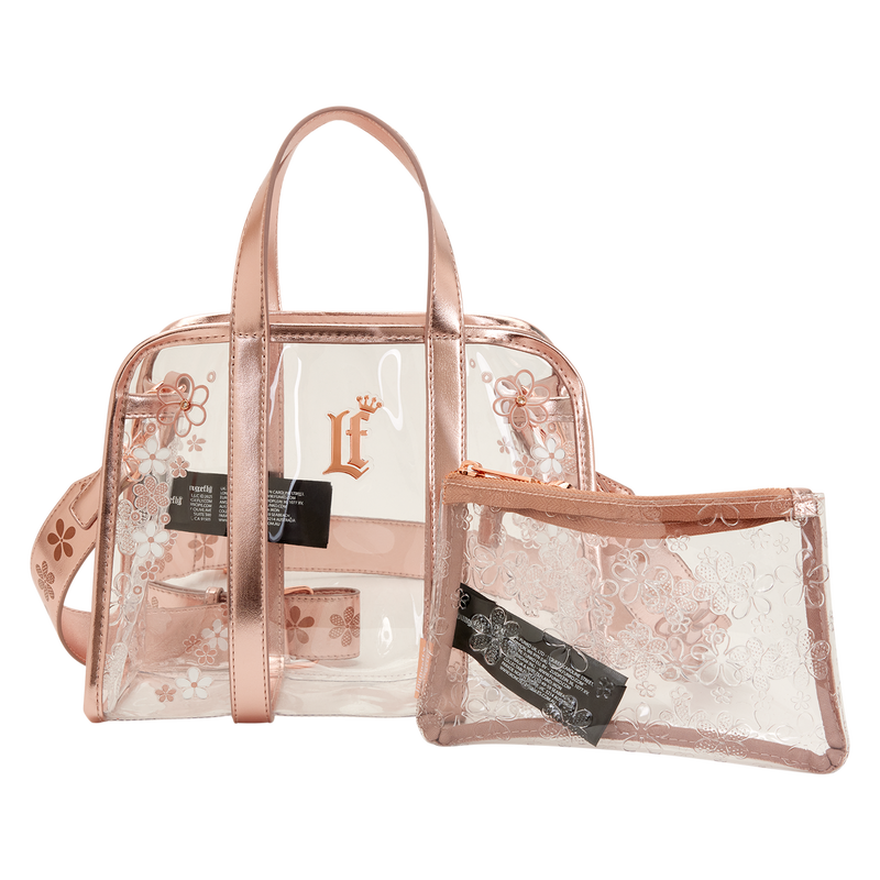 Clear travel bag with rose gold accents and floral design on a white background
