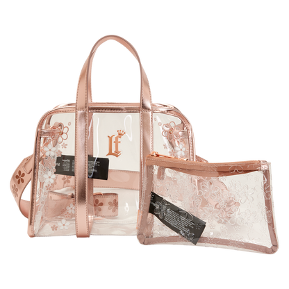 Clear travel bag with rose gold accents and floral design on a white background