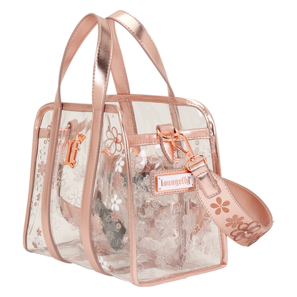 Clear handbag with rose gold accents and floral design on a white background