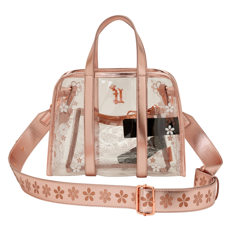 Clear handbag with rose gold accents and floral design on a white background