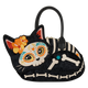 Cat-shaped handbag with sugar skull design on a white background