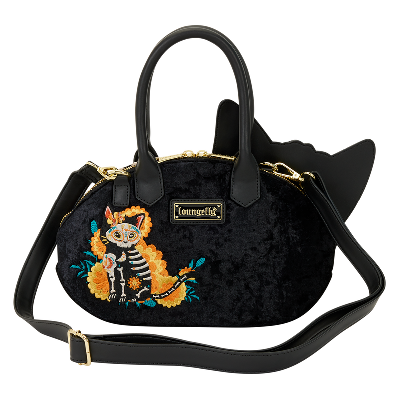 Black handbag with cat ears and embroidered design on a white background