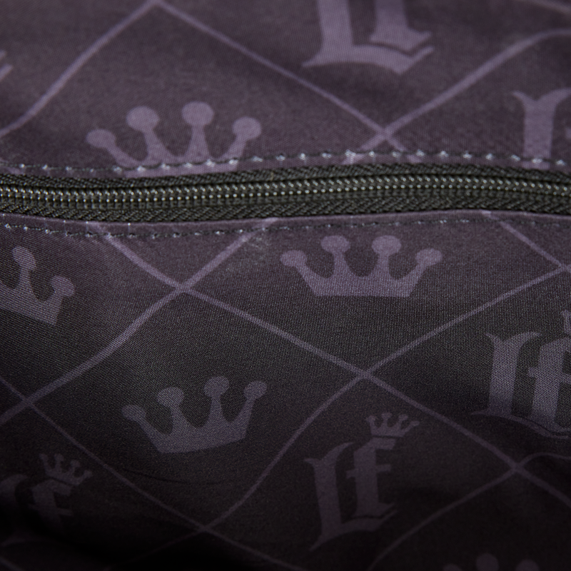 Close-up of a dark fabric with patterns and a zipper