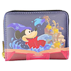 A zip-around coin purse featuring a colorful illustration of Mickey Mouse as a wizard with a staff and flowers, set against a dark purple background with a pink lower section.