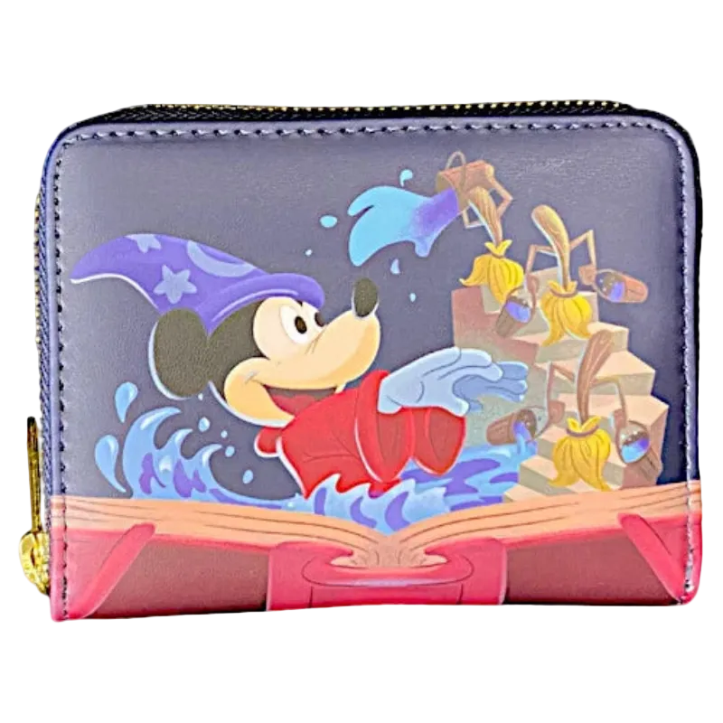 A zip-around coin purse featuring a colorful illustration of Mickey Mouse as a wizard with a staff and flowers, set against a dark purple background with a pink lower section.