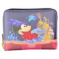 A zip-around coin purse featuring a colorful illustration of Mickey Mouse as a wizard with a staff and flowers, set against a dark purple background with a pink lower section.