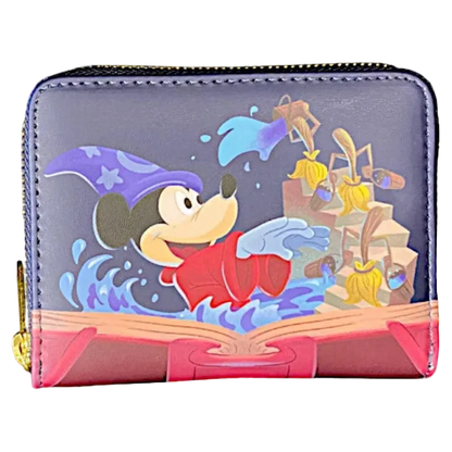 A zip-around coin purse featuring a colorful illustration of Mickey Mouse as a wizard with a staff and flowers, set against a dark purple background with a pink lower section.